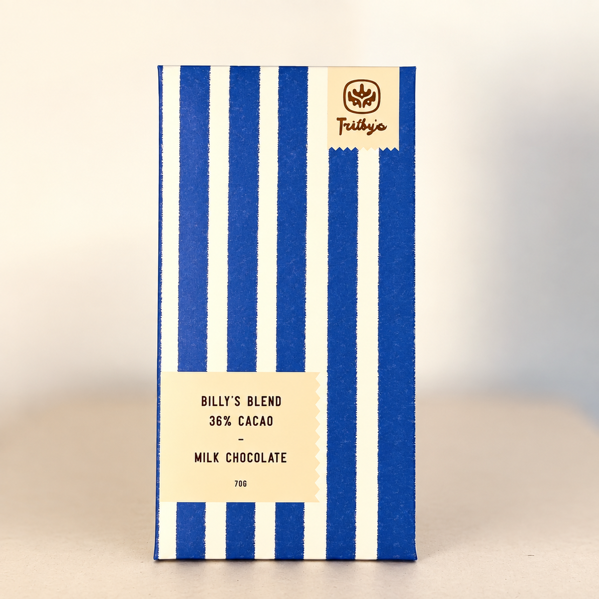 Billy's Blend 36% milk chocolate bar in a blue and white striped wrapper