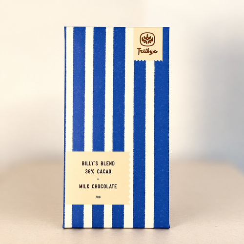 Billy's Blend 36% milk chocolate bar in a blue and white striped wrapper