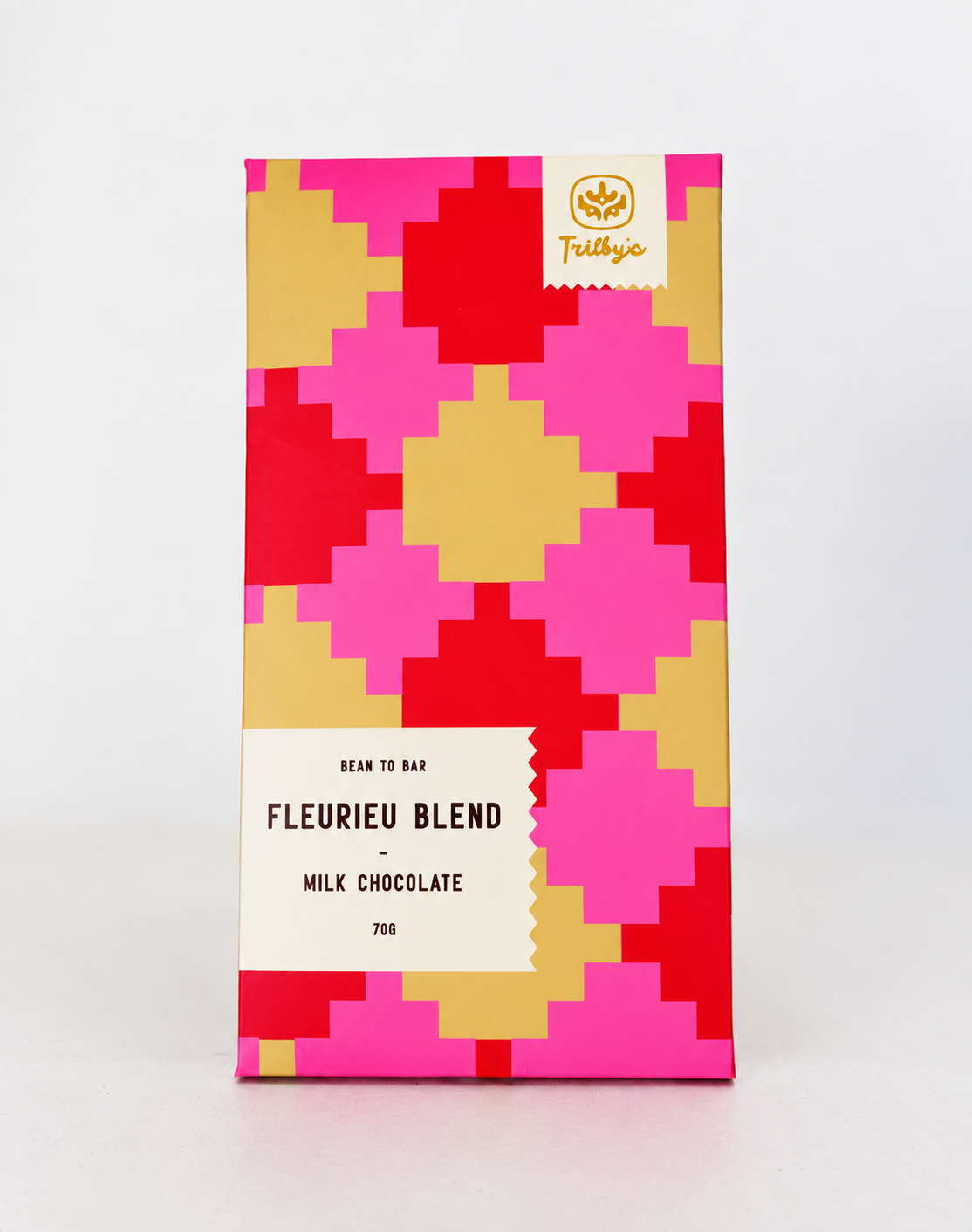 Fleurieu Blend 50% milk chocolate bar in a pink, red and gold patterned wrapper
