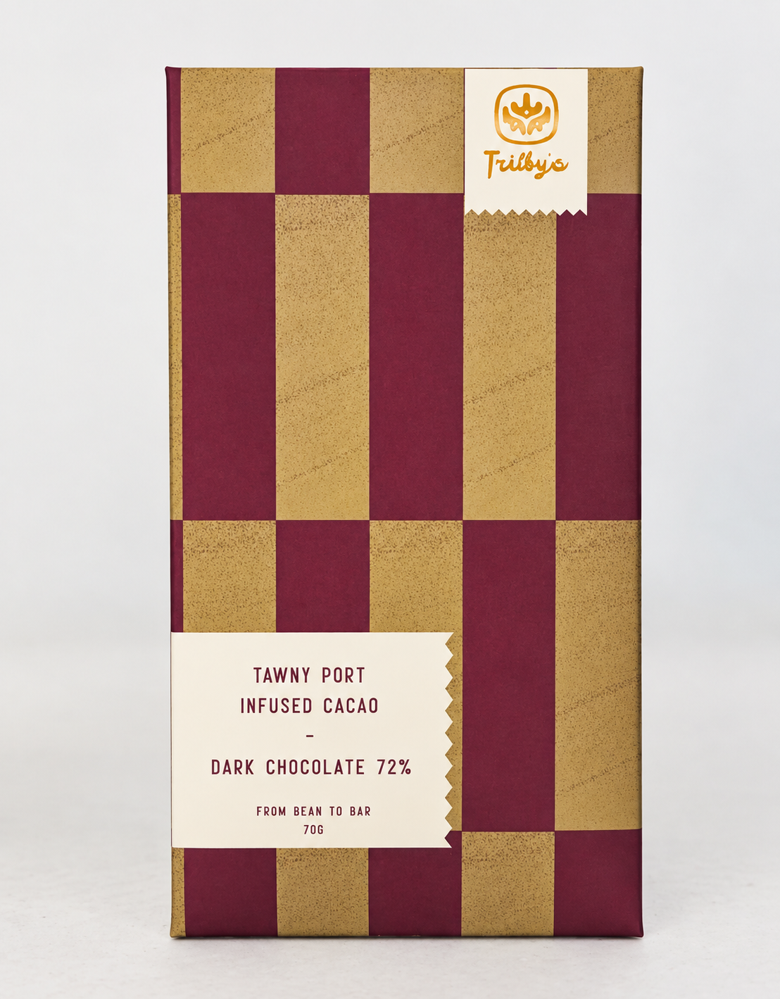 Tawny Port Infused 72% dark chocolate bar in a maroon and gold checked wrapper