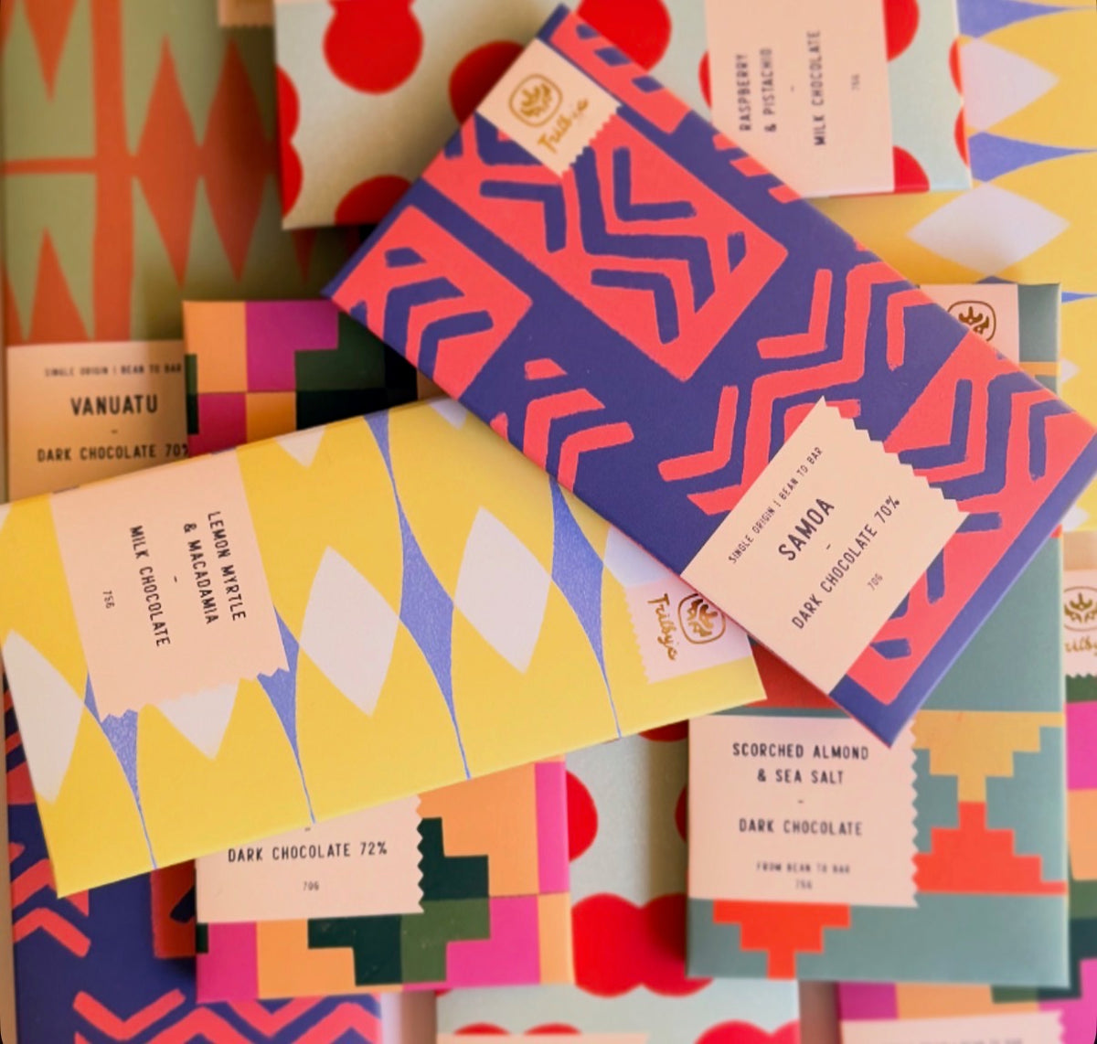 Trilby's chocolate bars in colourful patterned wrappers, spread out together