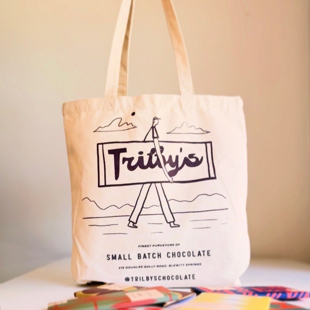 Trilby's canvas tote bag printed with the Trilby's logo and 'Small batch chocolate'